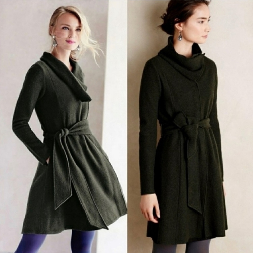 Anthropologie Sparrow Green Wool Belted Cowel Neck Sweater Coat, Small